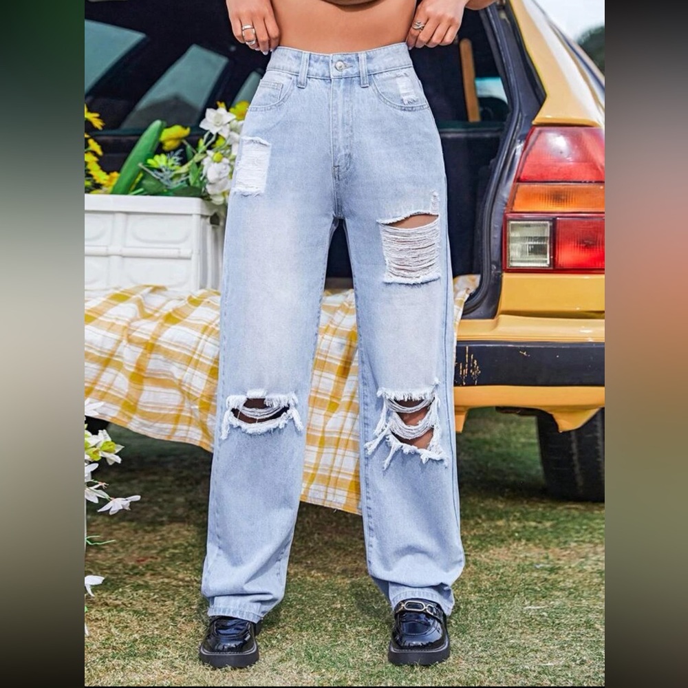 Ripped Straight Leg Jeans